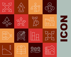 Set line Graph, chart, diagram, Many ways directional arrow, Factory, Hierarchy organogram, Arrow, and icon. Vector