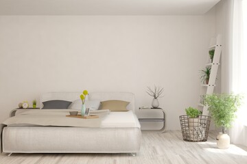 Soft color bedroom interior. Scandinavian design. 3D illustration