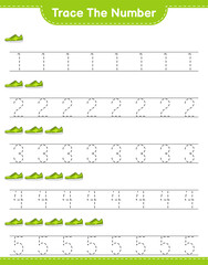 Trace the number. Tracing number with Sneaker. Educational children game, printable worksheet, vector illustration