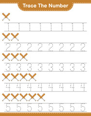 Trace the number. Tracing number with Baseball Bat. Educational children game, printable worksheet, vector illustration