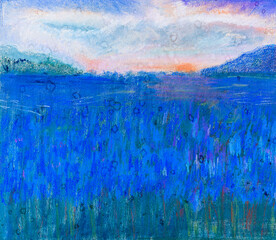 pink sunset over field of blue iris flowers hand painted with dry pastels on white textured paper