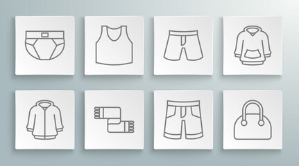 Fototapeta premium Set line Hoodie, Undershirt, Winter scarf, Short or pants, Handbag, and Men underpants icon. Vector