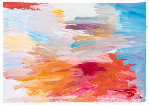 abstract colorful composition of brushstrokes hand painted with light gouache paints on white paper
