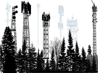 eight antenna tower silhouettes in black forest