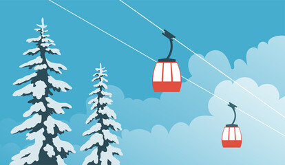 Ski winter resort. Cable car. Ate in the snow. Background with blue sky and clouds. Vector cartoon illustration banner