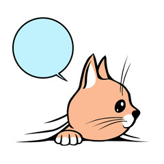 A small cheerful kitten hid under the blanket. The pet is playing. Vector isolated hand drawn illustration. White background. Bubble for text