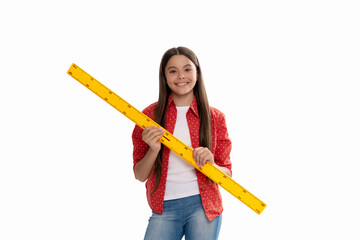 happy child hold ruler study mathematics at school isolated on white, back to school