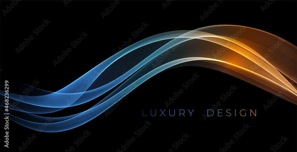 Poster Abstract Waves. Shiny blue moving lines design element on dark background for greeting card and disqount voucher.