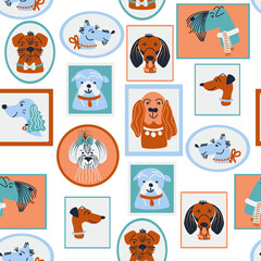 Seamless pattern with cute dogs portraits. For children and pets. Vector illustration.