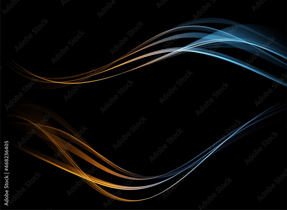 Poster Abstract Waves. Shiny blue moving lines design element on dark background for greeting card and disqount voucher.