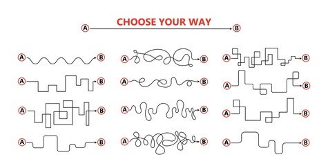 Set of difficult and easy simple way process from start to end. Vector card illustration with path to success outline art concept. The road from point a to point b. Right and wrong way with messy line