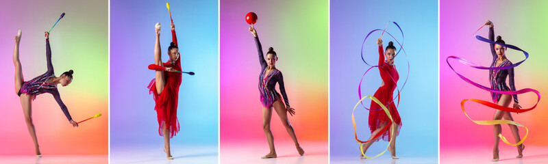 Collage of portraits female rhythmic gymnast in motion with bright ribbon, ball isolated over...