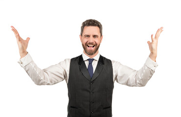 celebrating success. formal businessman isolated on white gesturing.