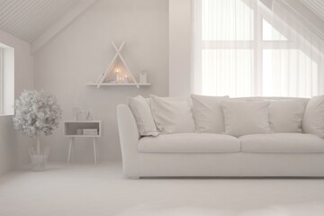 White minimalist living room with sofa. Scandinavian interior design. 3D illustration