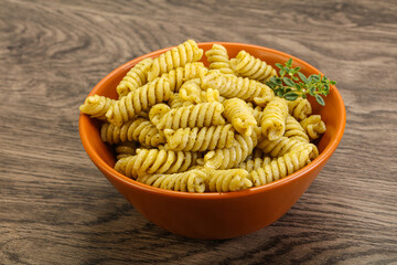Italian pasta Fusilli with pesto