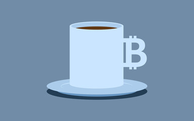 A cup of coffee or tea with a handle in the shape of a bitcoin symbol. Concept illustration of accepting cryptocurrency payments.