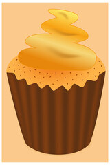 The brown dessert in the shape of a cupcake with yellow icing and brown decoration