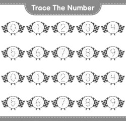 Trace the number. Tracing number with Racing Flags. Educational children game, printable worksheet, vector illustration