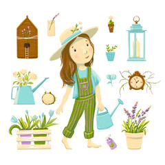 A set of illustrations about gardening with plants, tools and a cute girl. A kit for creating your own designs or patterns, perfect for printing on postcards or packaging.