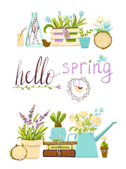 Spring poster with gardener items and plants. Pastel colors in a fresh scale, heather, roses, books create the mood of a spring day.