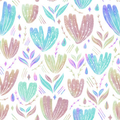 The floral seamless pattern in blue and pink spring colors, on the white background. Created in the watercolor style.