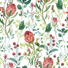 Hand drawn botanical pattern with plants and protea flowers. Watercolor seamless picture with bright colors is perfect for cards, posters, graphic design.