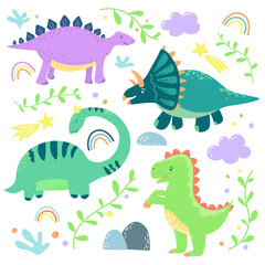 Fototapeta na wymiar Set of adorable dinosaurs and decorative elements. Set of hand drawn dinosaurs for kids