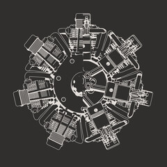 Sectional Drawing of an Airplane Radial Engine. Outline Style. Engineering Background. Vector Illustration.