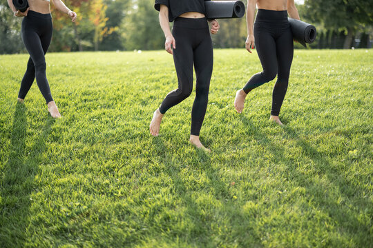 Cropped image of girlfriends with fitness mats on grass at sunny day. Concept of healthy lifestyle. Girls practicing yoga and doing sport exercices. Athletic women barefoot and wear sportswear