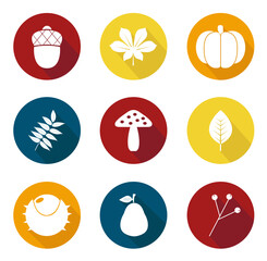 Elegant flat autumn vector icon set. Vector illustration with autumn, fall symbols.
