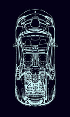 X-Ray Top View of a Modern Sports Car. Outline style. Engineering Background. Vector Illustration.