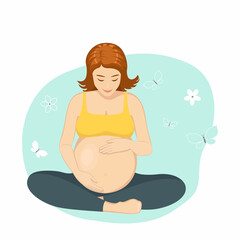 Pregnant woman on blue background. Pregnancy, motherhood concept. Cartoon flat style. Vector illustration
