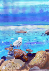 Naklejka na ściany i meble A seascape with a seagull standing on a stone. Children's drawing