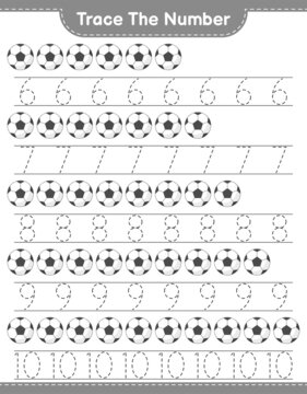 Trace the number. Tracing number with Soccer Ball. Educational children game, printable worksheet, vector illustration