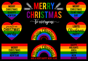 Rainbow Christmas cards, LGBT pride, gay, LGBTQ, vector set