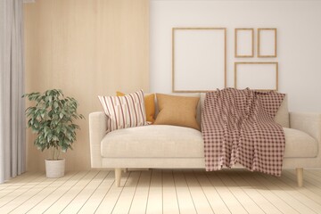 Fototapeta premium White living room with sofa. Scandinavian interior design. 3D illustration