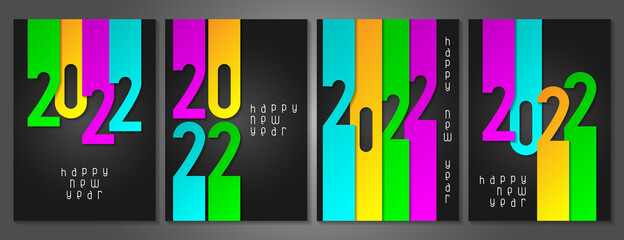Set of Happy New Year 2022 posters with numbers cut out of colored paper. Winter holidays greeting or invitation. Vector illustration on black background.