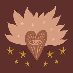 Magical boho sacred burning heart love peace Valentine freedom symbol handdrawn isolated elements