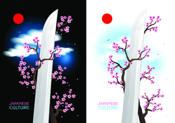 Blossom sakura tree entwines Japanese sword blade. Japanese culture illustration.