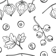 Seamless pattern with fruits and berries in black line sketchy style isolated on white background. Doodle hand drawn vector illustration