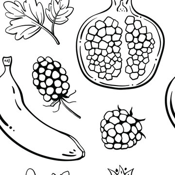Seamless pattern with fruits and berries in black line sketchy style isolated on white background. Doodle hand drawn vector illustration