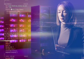 Sysadmin woman. Sysadmin with laptop. System administrator portrait double exposure. Server hardware programming. Creation of software for data center concept. Code and server next to girl.