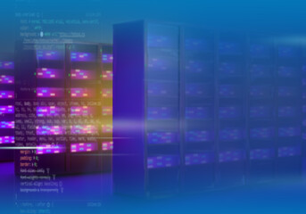 Data center background. Server cabinets and code. Background on topic of data storage and administration. Information processing center. Hosting center equipment. Server cabinets near code. 3d image.