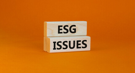 ESG environmental social governance issues symbol. Concept words ESG issues on blocks on a beautiful orange background. Business, ESG environmental social governance issues concept. Copy space.