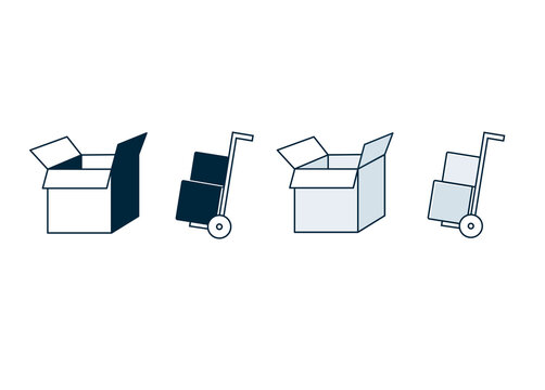 ic&ocirc;ne ou pictogramme montrant un carton et un diable ou chariot pour le transport d'objets lourds ou pour les d&eacute;m&eacute;nagements