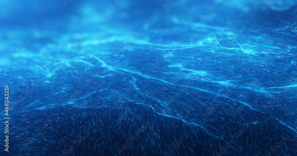 Poster abstract blue particle background. smooth underwater scene with light and waves. flowing particles o