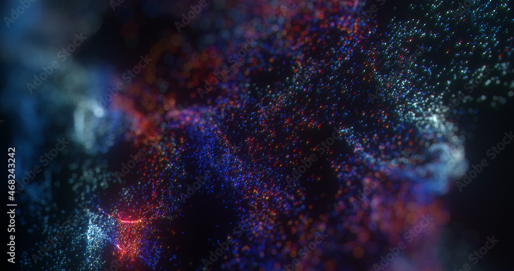 Poster abstract purple background. glowing particles with depth of field, bokeh. wavy particle surface, sci