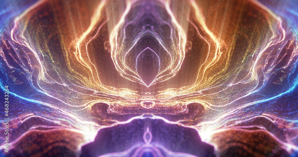 Poster abstract color fractal, mirrored particle and fluid effect. powerful energetic swirl with light rays