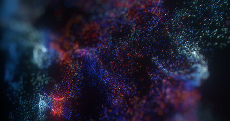 Abstract purple background. Glowing particles with depth of field, bokeh. Wavy Particle Surface, science , technology or space nebula, particle formation.