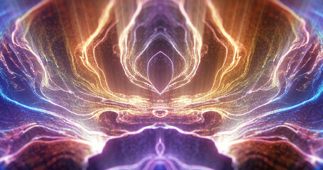 Abstract color fractal, mirrored particle and fluid effect. Powerful energetic swirl with light rays. Luminous shining neon lights, cosmic abstract magic  whirl. Swirl fractal trail effect.